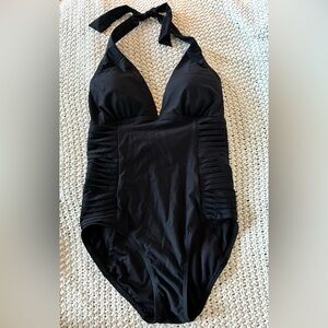 Calvin Klein Women’s Black Swimsuit Pleated Side Panels Halter Top Style; Size 4